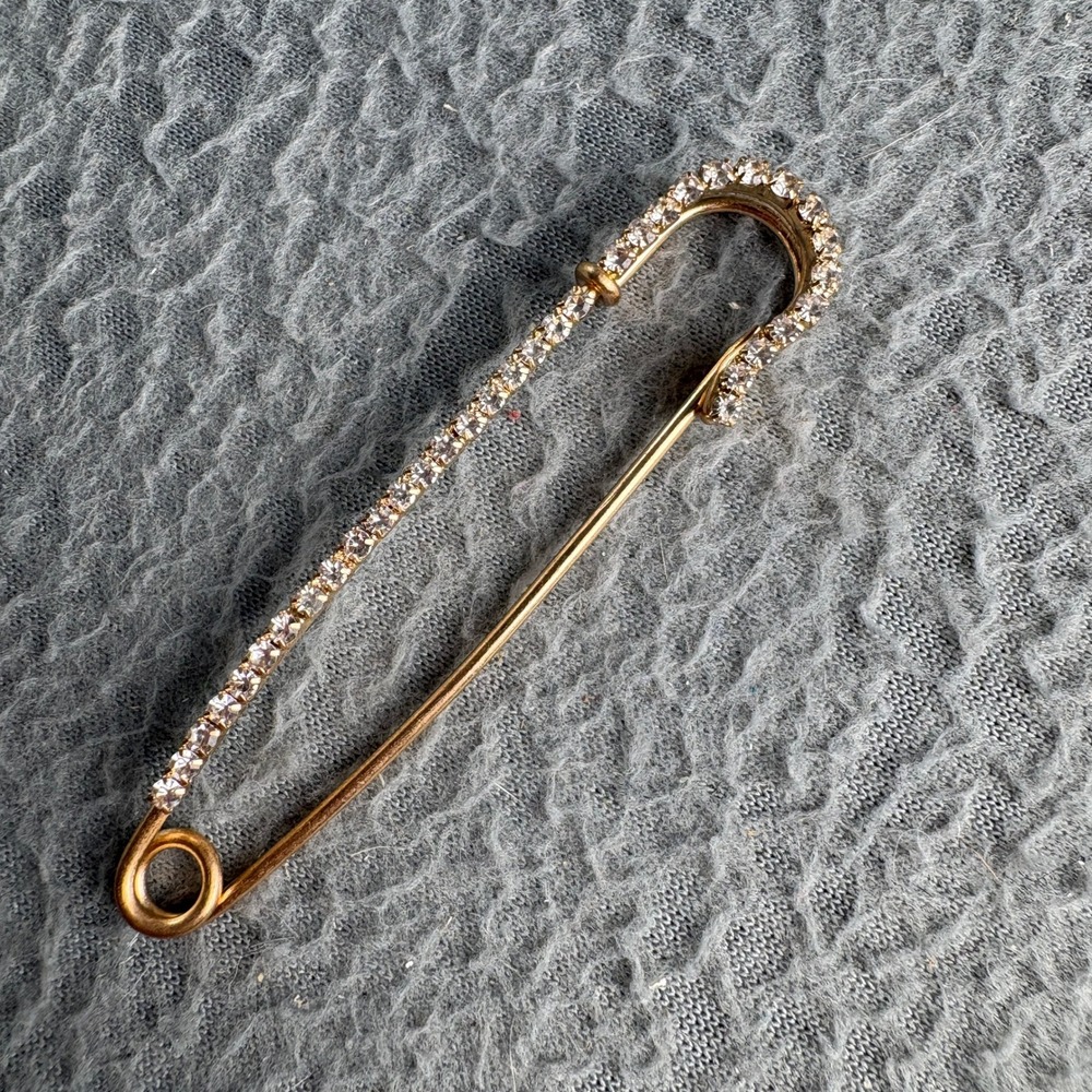 Gold Tone Rhinestone Safety Pin Brooch Large 3 Inch Crystal Decorative Pin
